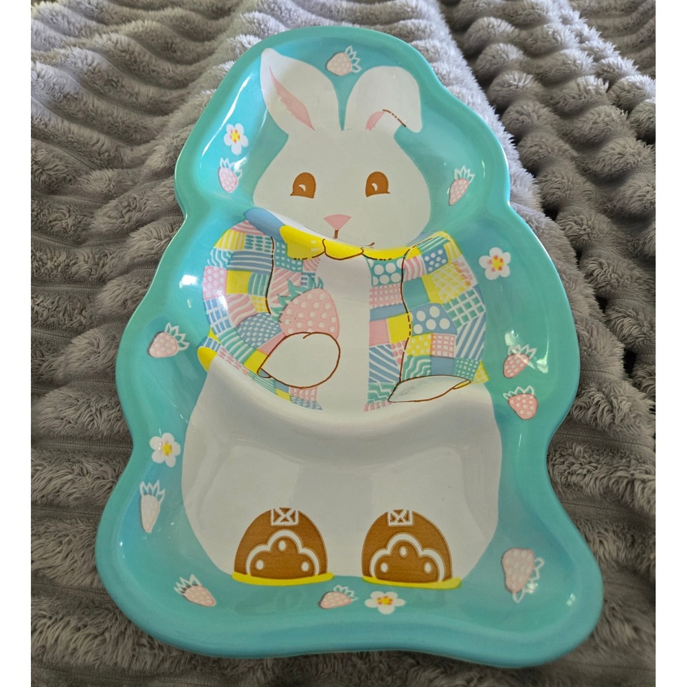 Vintage Berman Industries Easter Bunny Divided Tray Melamine Teal Rabbit USA